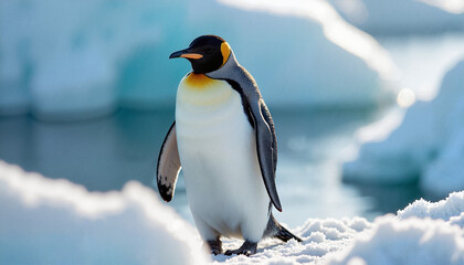 Naklejka premium Penguin in Antarctica, standing confidently, on ice with soft sunlight and blurring background