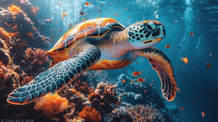 Fototapeta premium Vibrant hawaiian sea turtle in a coral reef paradise