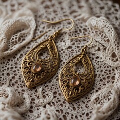 Obraz premium A pair of antique gold earrings with intricate filigree work, resting on a lace-covered table.