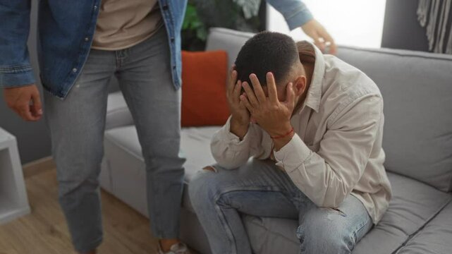 Two men in a living room as one man consoles the other who has his face in his hands showcasing support and empathy in a homely environment