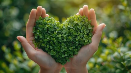 In front of a nature background, hands hold a green plant heart. The concept of World Earth Day