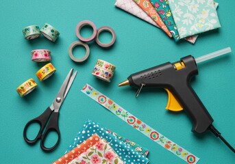 A vibrant flat lay featuring crafting supplies, including scissors, a glue gun, washi tape, and colorful fabric swatches, arranged neatly on a bright, creative desk surface