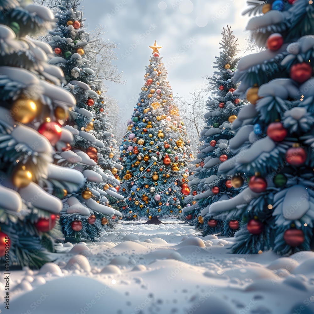 Poster a snow-covered forest with fir trees, a big fir tree in the middle which is decorated with colorful 