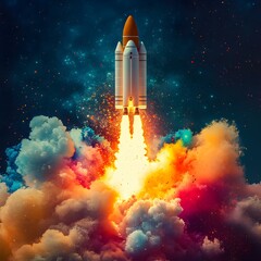 Vibrant Rocket Launching Amidst Colorful Splashes of Smoke and Fire