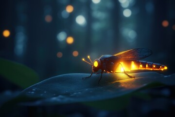 Glowing insect perched on lush leaf, illuminating dark forest wi