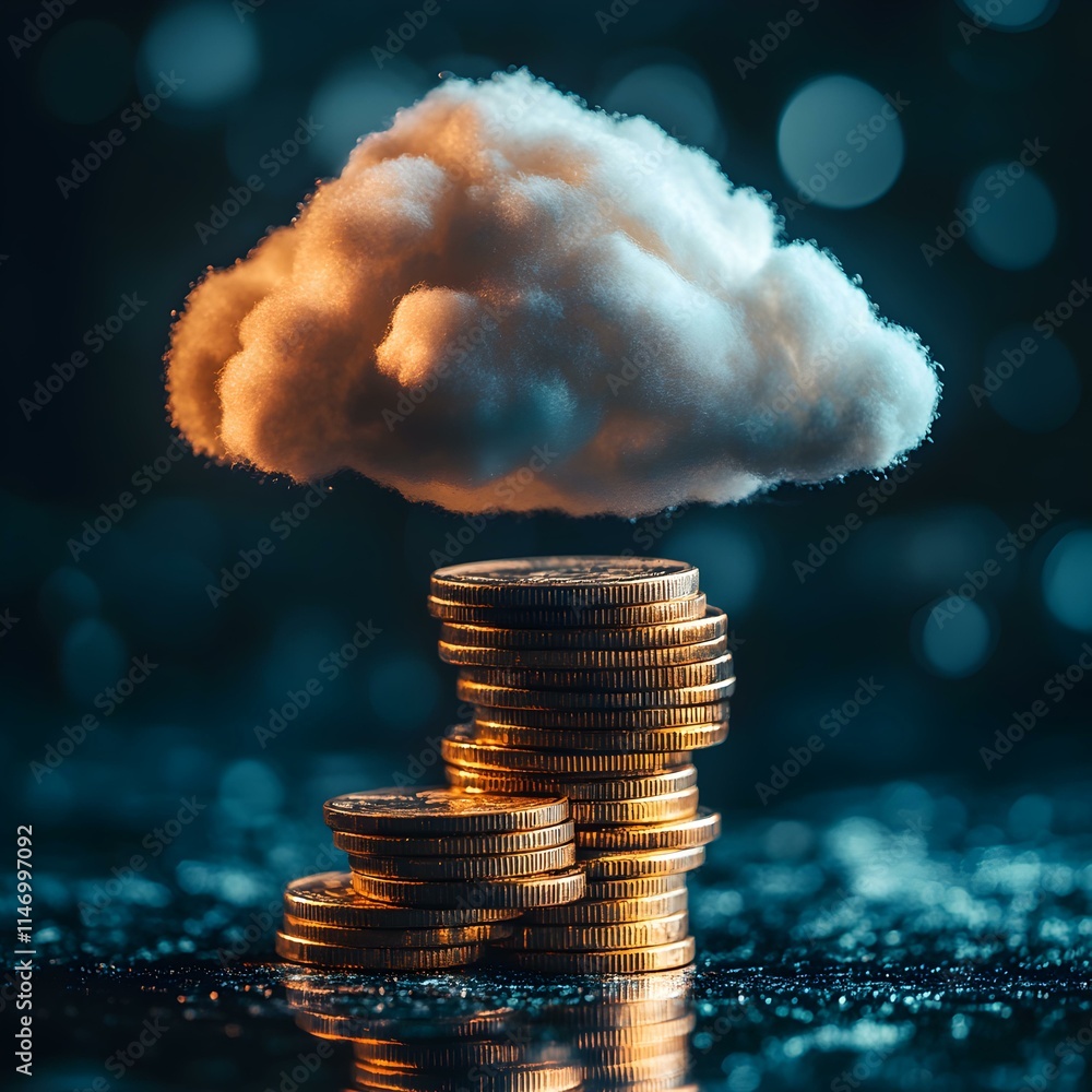 Poster cloud hovering over stack of gold coins with reflective surface