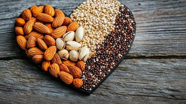 This beautiful heart design features various nuts and seeds. It symbolizes love for healthy eating. Ideal for nutrition and culinary projects. Generative AI