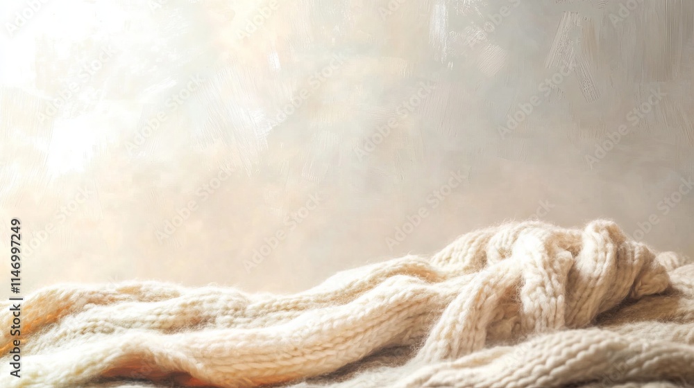 Poster a white blanket with a pattern on it. the blanket is draped over a table