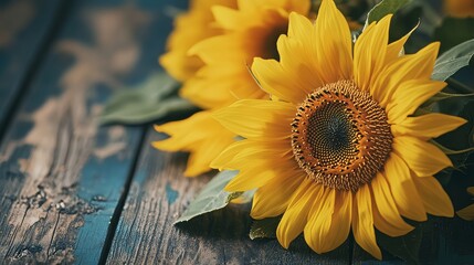 Vibrant yellow sunflowers on a rustic wooden table, close-up shot, Minimalist style © ArpPSIqee