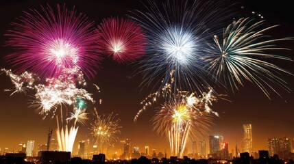 Fototapeta premium Fireworks Display Over Cityscape