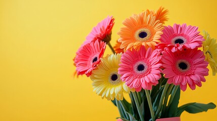 Vivid bouquet of gerbera daisies in a playful arrangement against a bright yellow backdrop,...