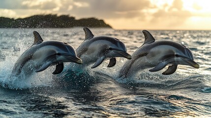Obraz premium Playful dolphins leap through hawaiian waters at sunset