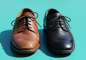 A single worn-out shoe placed beside a new one on a sunny teal surface