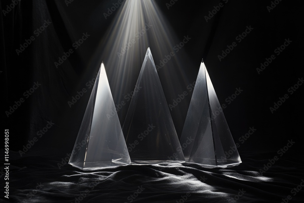 Poster three translucent pyramids illuminated by a single light source, creating a dramatic, minimalist sce