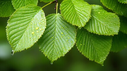 Close-up of lush green leaves covered in dew droplets, showcasing their vibrant texture and freshness