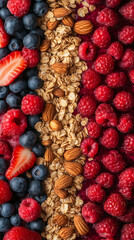A healthy breakfast with fresh berries, nuts, and granola in a full screen view.