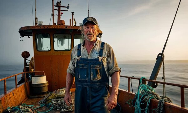 Fisherman stands confidently on the deck of his boat at sunrise, with fishing nets and equipment surrounding him