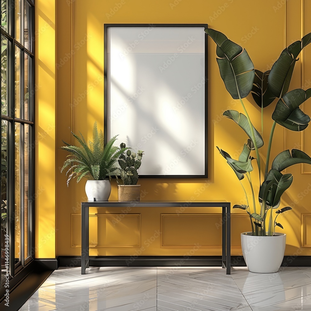 Poster an a4 vertical frame with white canvas, the frame is black angular on pearl yellow wall, metallic co