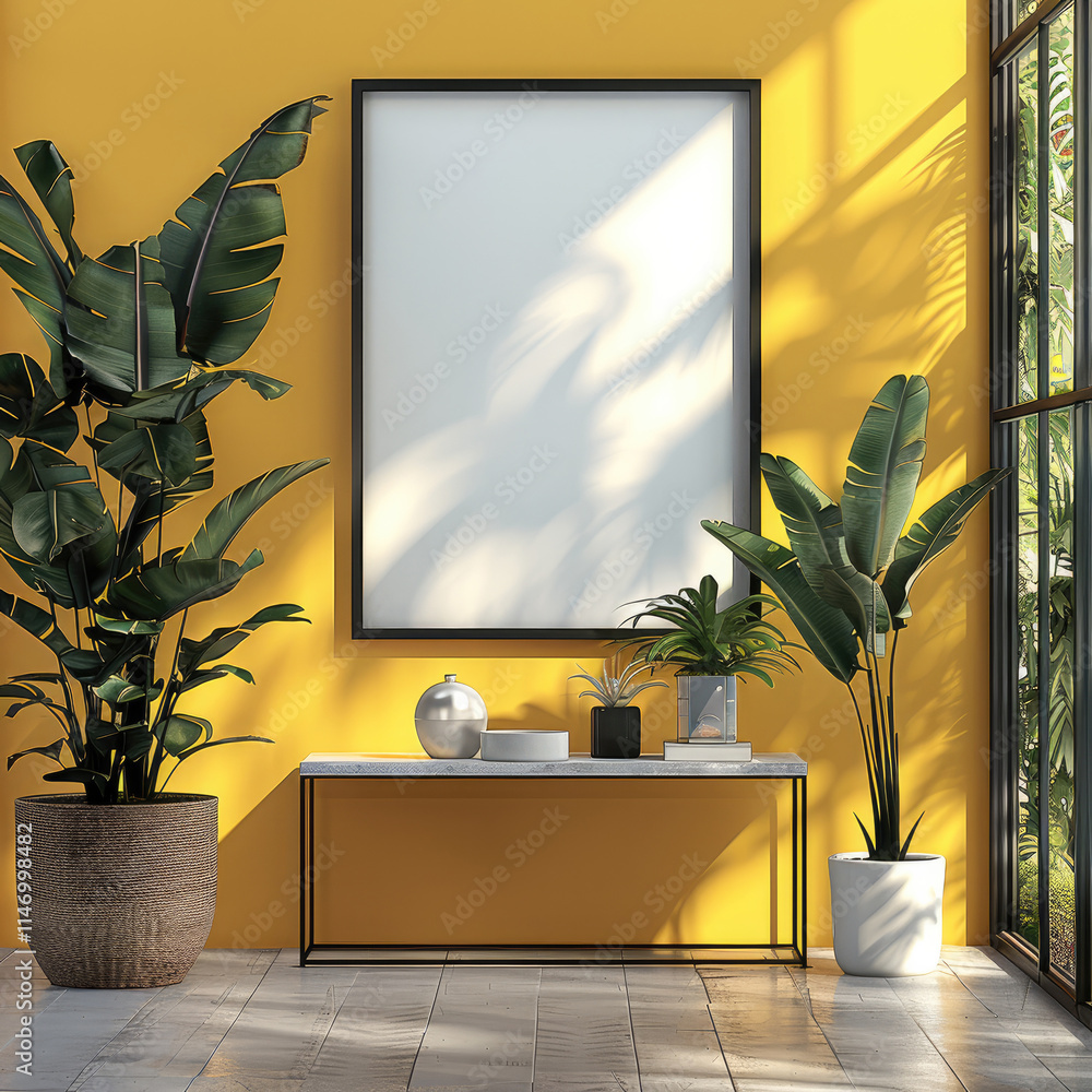 Poster an a4 vertical frame with white canvas, the frame is black angular on pearl yellow wall, metallic co