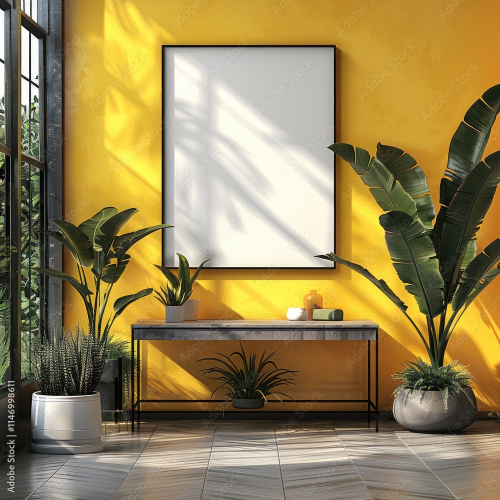 Poster an a4 vertical frame with white canvas, the frame is black angular on pearl yellow wall, metallic co
