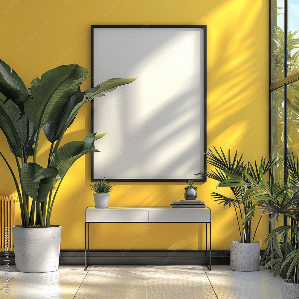 Poster an a4 vertical frame with white canvas, the frame is black angular on pearl yellow wall, metallic co