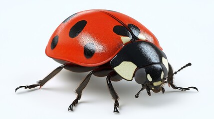 A close-up macro shot of a bright red ladybug with black spots, showcasing its shiny exoskeleton and detailed features