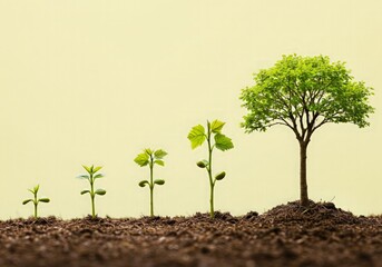 A time-lapse concept of a sapling growing into a tree on a soft yellow background, symbolizing growth, patience, and the beauty of nature's transformation