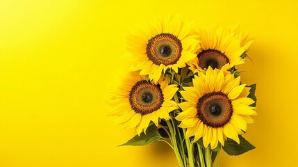 Fototapeta premium Vivid bouquet of sunflowers in a playful arrangement against a bright yellow background, close-up shot, Pop Art style