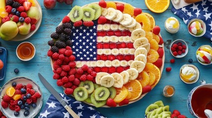 Patriotic fruit platter, USA flag design, summer food.