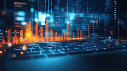 Laptop keyboard with glowing orange data charts. financial technology and analytics