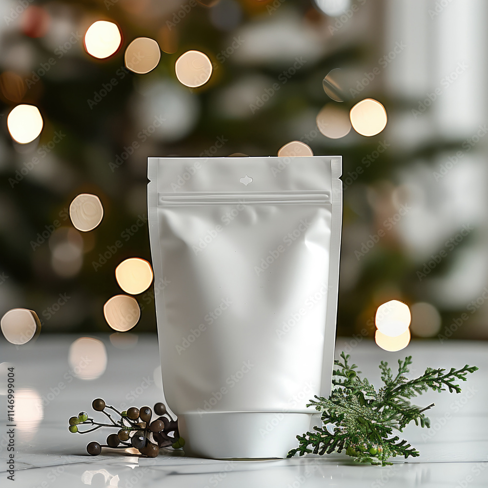 Poster the white stand up pouch is placed on a white tabletop with a small sprig of holly laid beside it. a