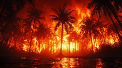 Surreal hawaiian sunset with flaming sky over palm trees and ocean reflections