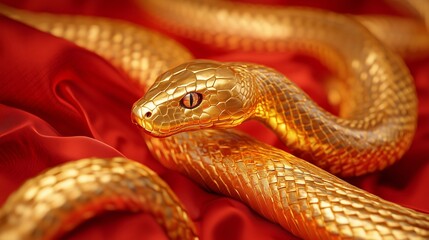 Obraz premium Golden Snake Exuding Luxury on Vibrant Red Background