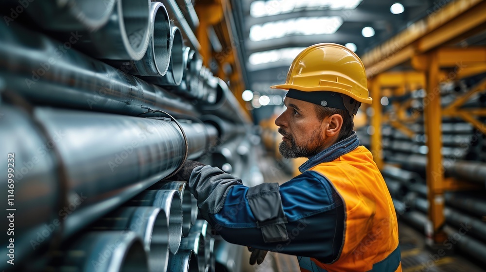 Poster a worker is checking a neat stack of gas pipes in a warehouse.