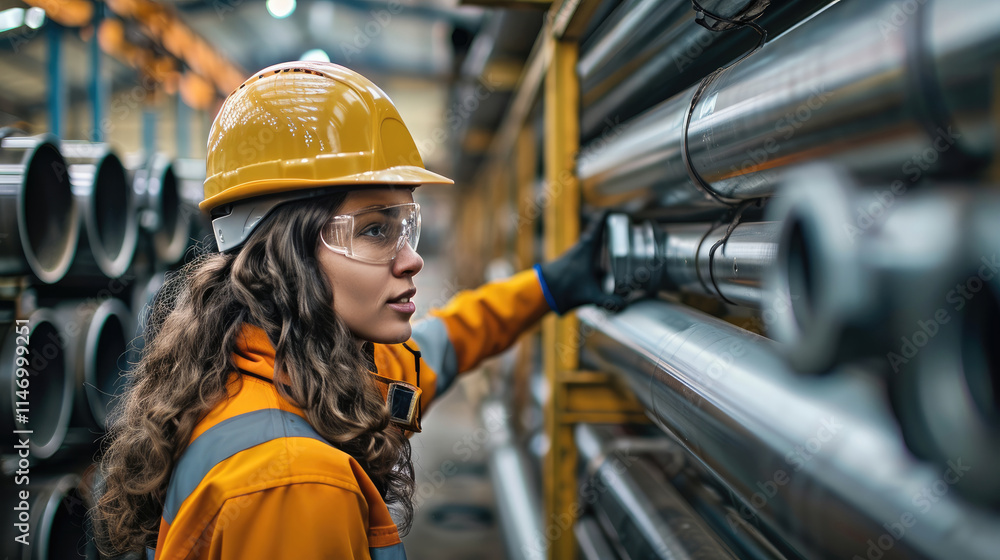 Poster a worker is checking a neat stack of gas pipes in a warehouse.