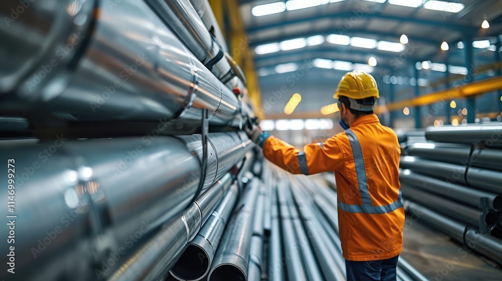 Poster a worker is checking a neat stack of gas pipes in a warehouse.