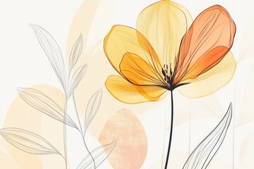Abstract floral illustration with translucent yellow and orange flower, delicate leaves, and soft pastel circles on white background.