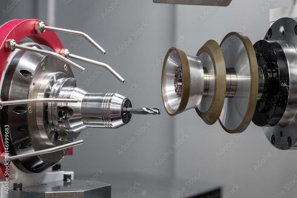 Poster close-up view of a high-precision drilling machine with cutting tools engaged in metalwork inside a 