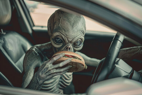 Image of extraterrestrial green alien from outer space invading earth generative AI