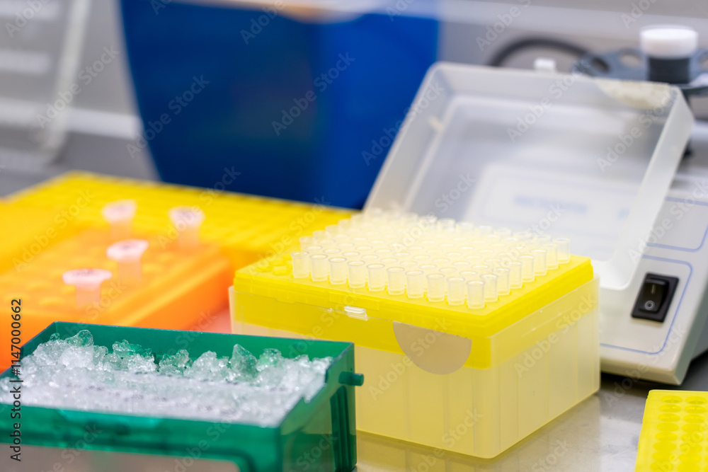 Poster colorful sample storage boxes and ice-filled containers are arranged on a lab bench, ready for use i