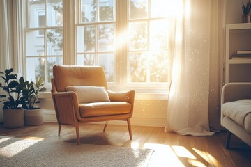 Sunlit living room with a comfortable leather armchair, plants, and sheer curtains.
