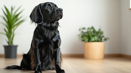 Black dog sitting on minimalist wooden floor with modern plant