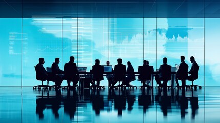A diverse group of business representatives from various nations engaged in a collaborative discussion around a modern conference table. Laptops and digital displays show detailed economic graphs