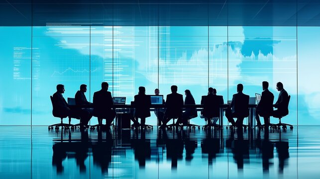 A diverse group of business representatives from various nations engaged in a collaborative discussion around a modern conference table. Laptops and digital displays show detailed economic graphs - Powered by Adobe