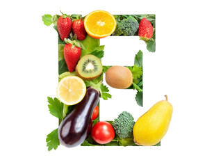 E lettering with vegetables and fruits isolated on a white background, cut out