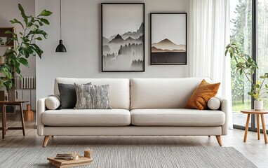 Obraz premium A sleek mid-century modern sofa with clean lines, neutral fabric, and tapered wooden legs