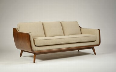 A sleek mid-century modern sofa with clean lines, neutral fabric, and tapered wooden legs