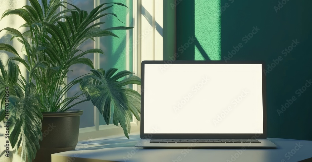Aufkleber 3D rendering of an open laptop with a blank white screen on a table, positioned front view with green plants and soft window light in the background. Perfect for mockups and templates