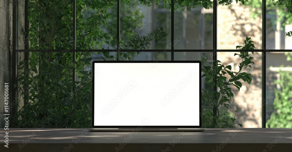 Aufkleber 3D rendering of a laptop with a blank white screen placed on a table in front of a window, featuring green plants in the background. Ideal for mockups and design templates