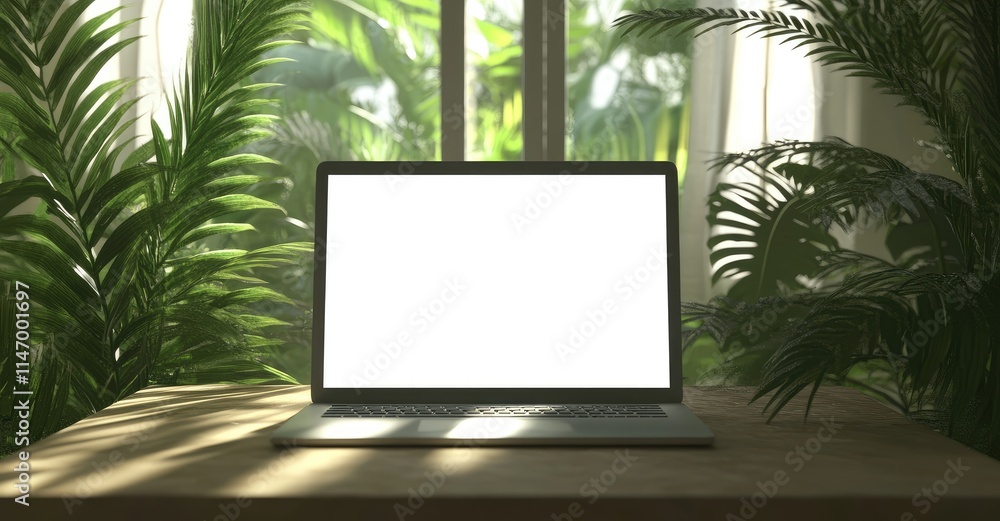 Aufkleber 3D render of an open laptop with a blank white screen on a table in front of a window, surrounded by tropical plants and bathed in natural light. Perfect for design mockups and creative templates